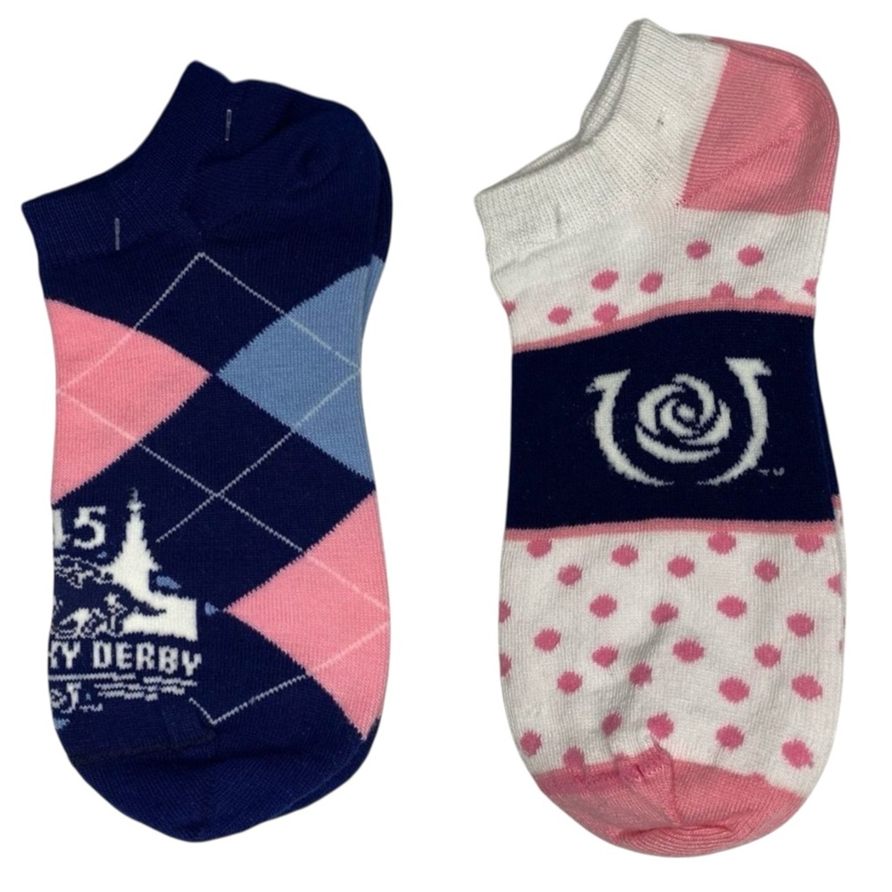 For Bare Feet Socks Kentucky Derby 145 6-11 White Pink Dot Band Blue Pink Argyle